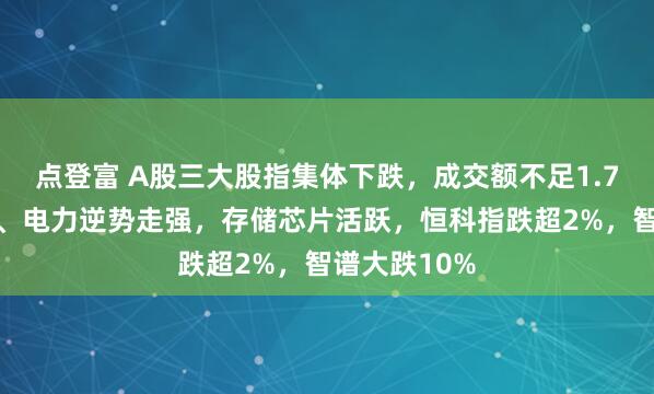 点登富 A股三大股指集体下跌，成交额不足1.7万亿，银行、电力逆势走强，存储芯片活跃，恒科指跌超2%，智谱大跌10%